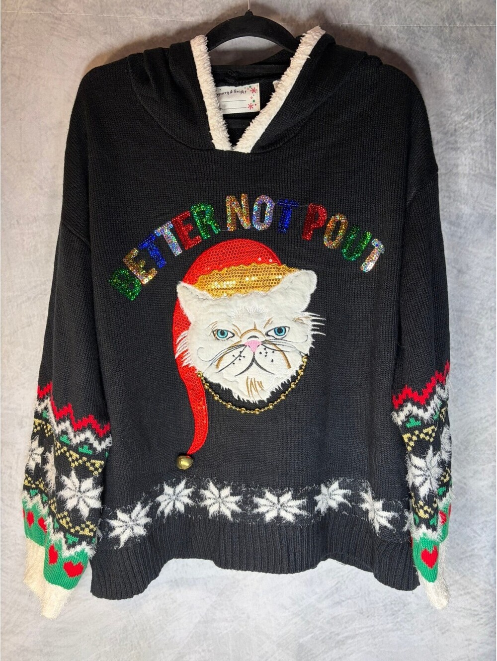 Merry & Bright Better Not Pout Cat Ugly Christmas Sweater Hoodie XL Black